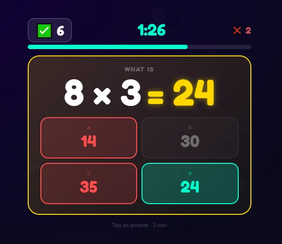 Multiple choice gameplay showing feedback
