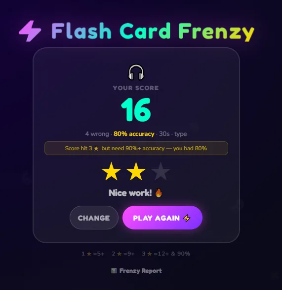 Student results screen showing score and stars