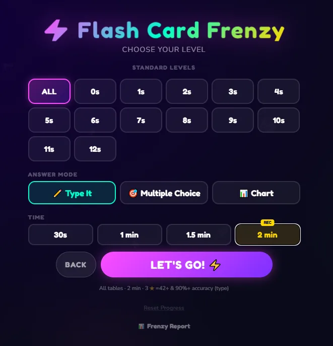 Level select screen with answer modes